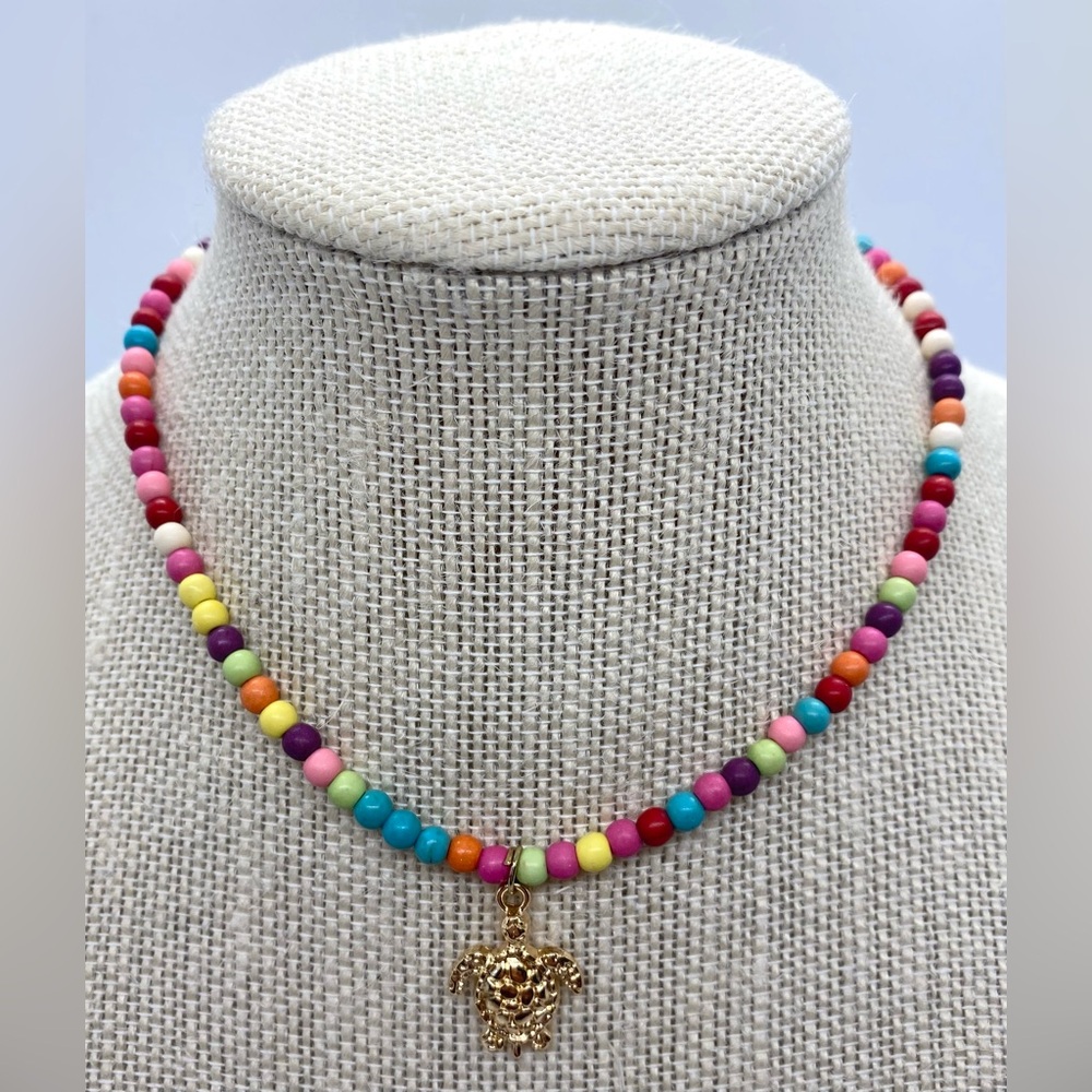 Multi-color Beaded Choker Necklace with Gold Sea Turtle Charm Boho Y2K Preppy
